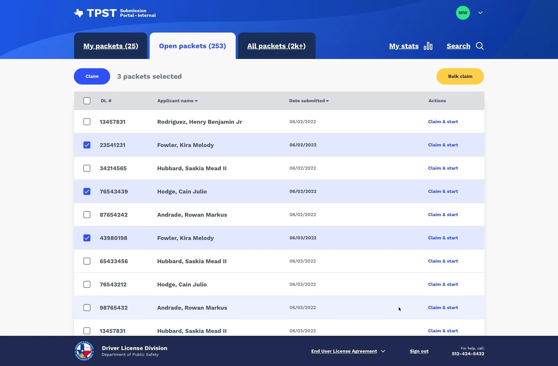 Application view of Open Packets tab. A table with rows that can be selected to take action on.