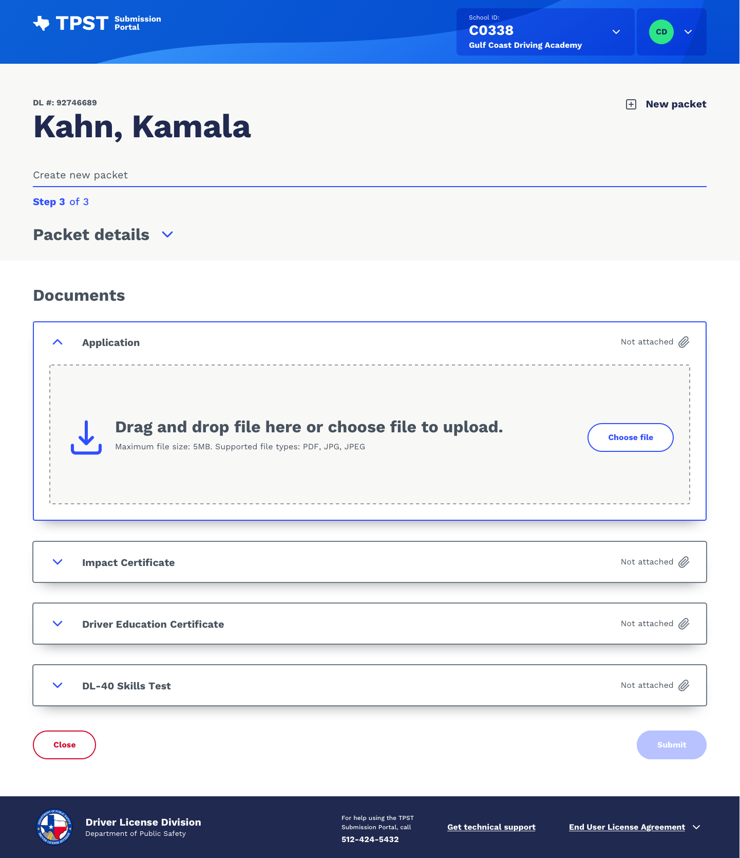 Packet building page with drag and drop areas to add documents. Placeholder details are Kamala Kahn because I am a Marvel nerd.