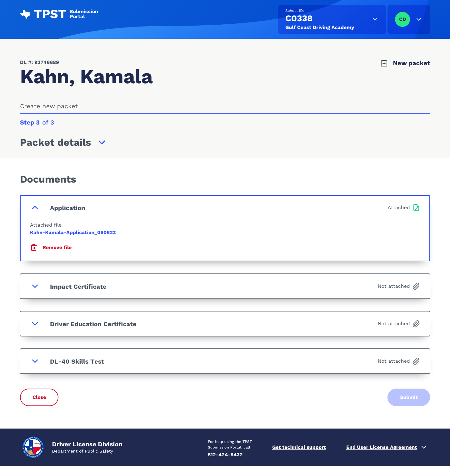 Uploaded state of the packet building page with files attached and progress bar filled.