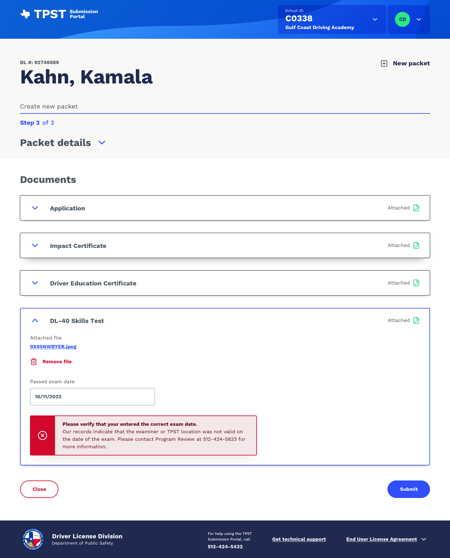 Error state on the packet page letting users know their exam date is incorrect.