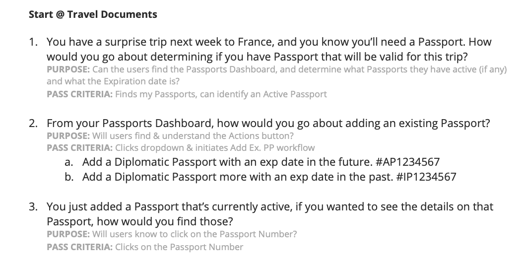 Testing notes that describe the user scenarios and ask clear but non-leading next steps. Each scenario is qualified with the purpose and pass criteria.