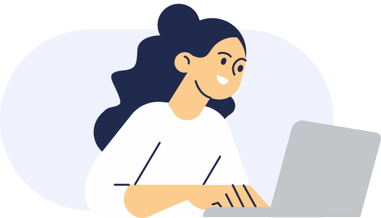 Subtly animated gif illustration of a light skin toned woman working on a laptop. Her eyes blink and finger double clicks occasionally.