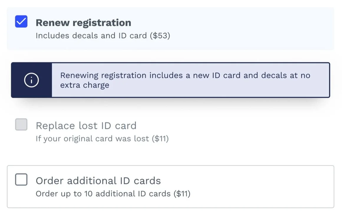 Final version of the service selection. Three dynamic check boxes that would disable certain options depending on which was selected, but with a notification below giving context as to why they are disabled.
