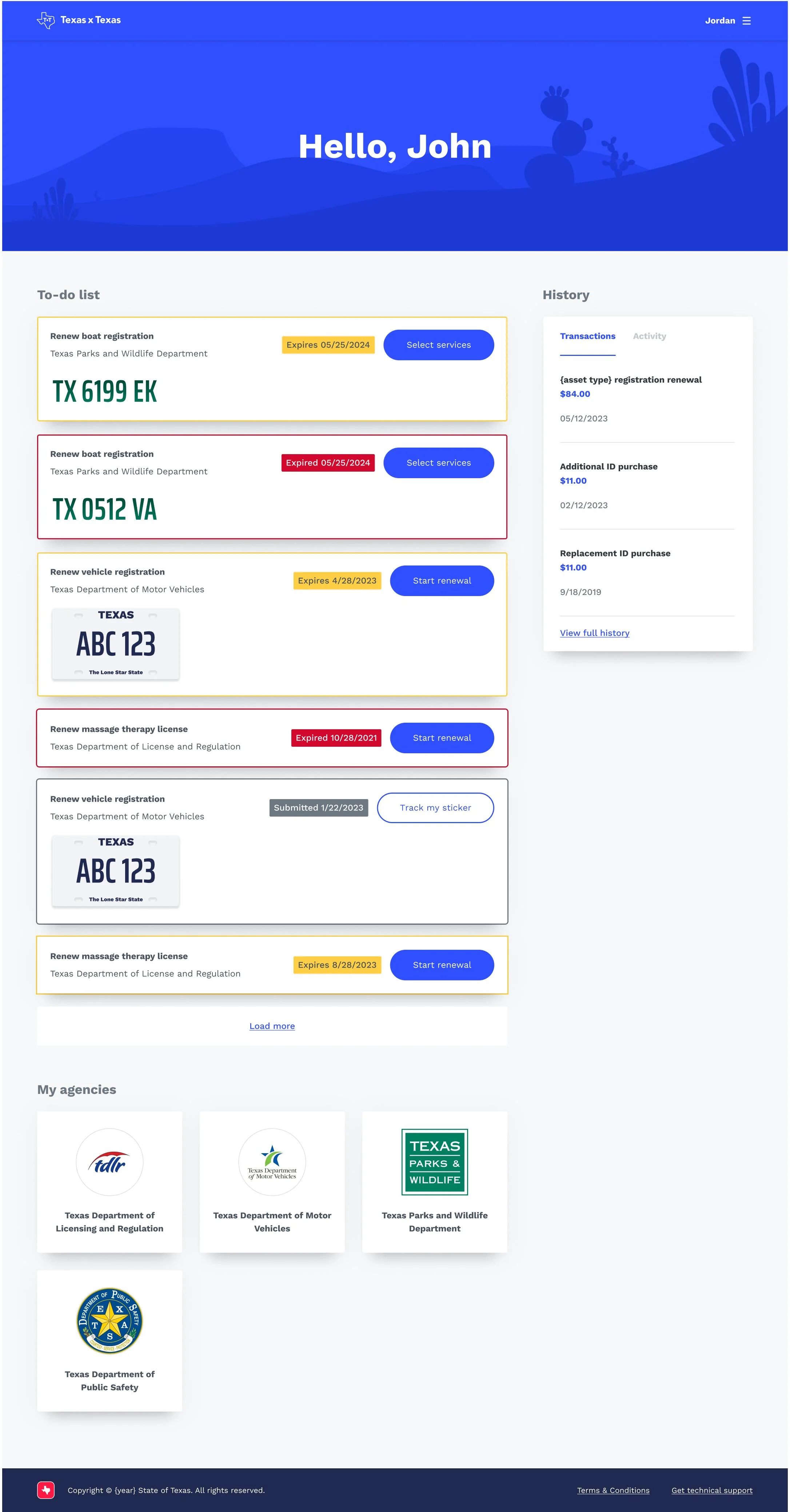 Texas by Texas home screen with to-do lists, transaction history and agencies that offer online transactions.