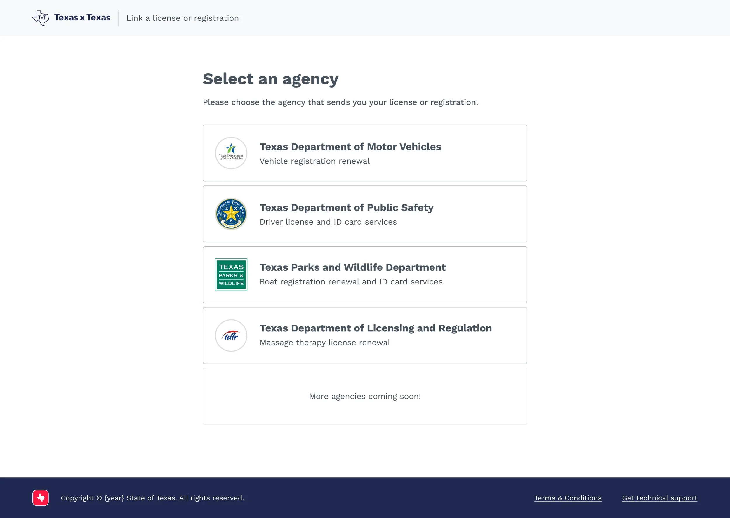 Select an Agency workflow, where users can select from a list of agencies that offer online licence workflows.