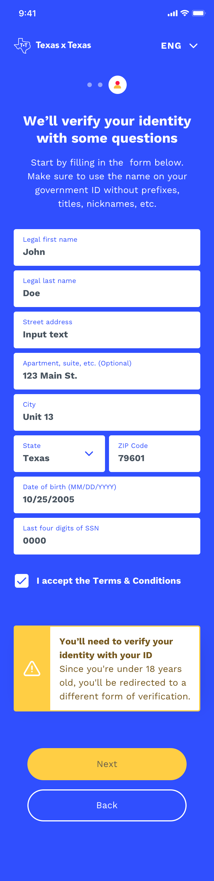 Texas by Texas application mobile integration page allowing for teens without a licence but within a date range to sign up.