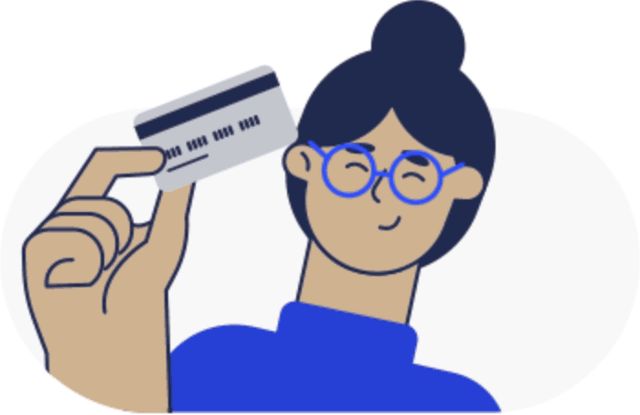 Subtly animated gif illustration of a medium-skin toned woman holding a credit card. She raises her eyebrows and moves the card slightly.