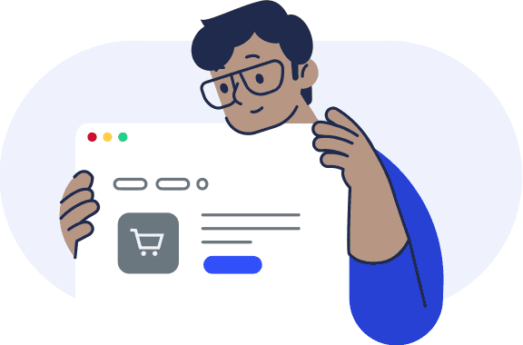 Subtly animated gif illustration of a medium skin toned person holding a giant browser window. They idlely tap the screen and blink.
