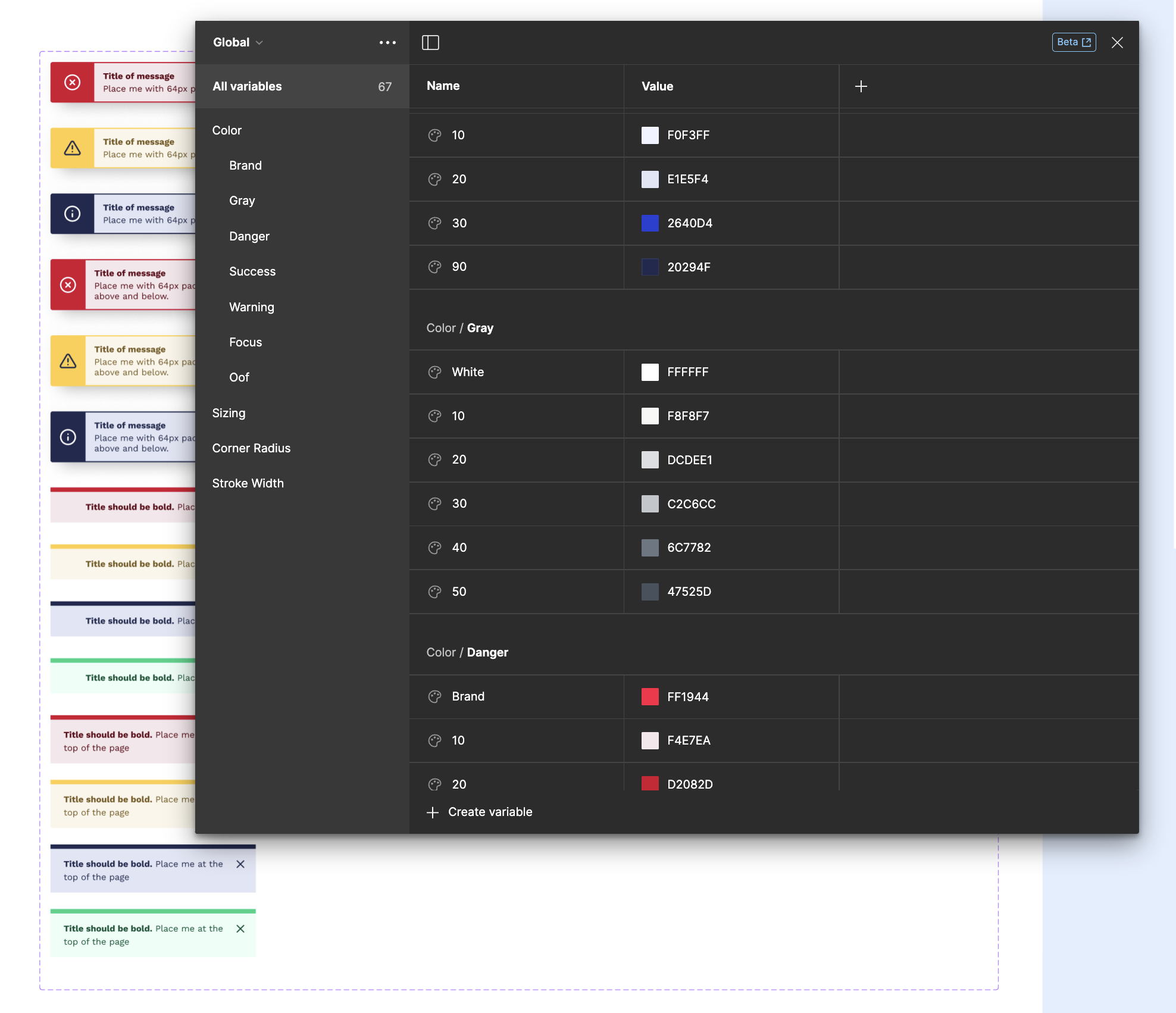 Figma variables panel with a clean design system implementation.