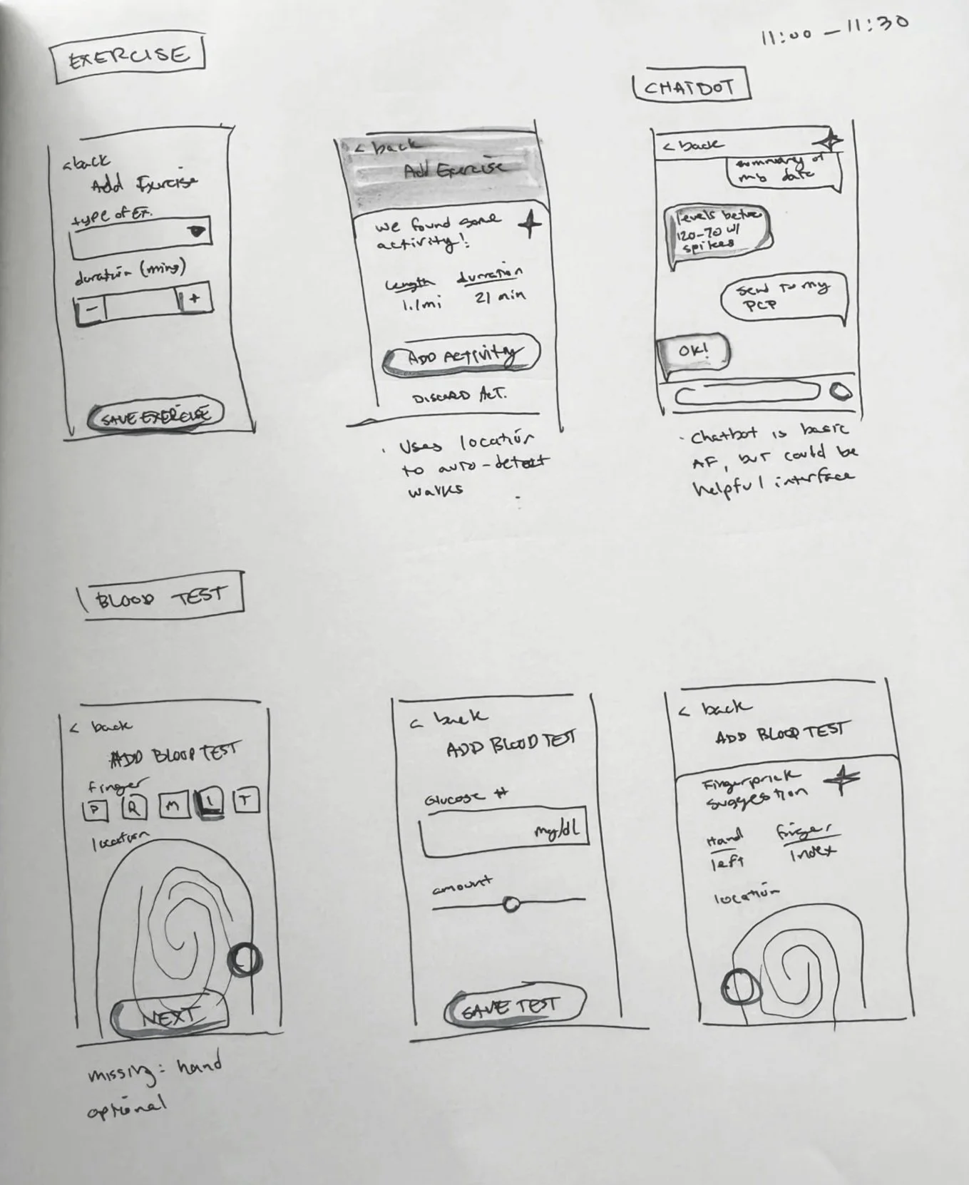 Mid-fidelity sketches showing detailed UI of each of the needed pages. 2 of 2.
