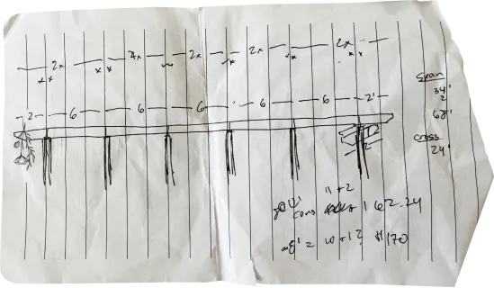 Hand-drawn sketch on graph paper showing fence layout with post spacing and panel measurements, with several crossed-out numbers
