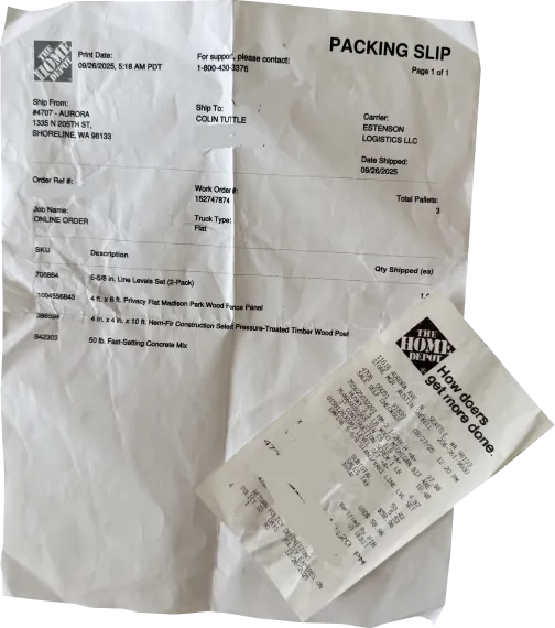 Home Depot receipt showing lumber, hog wire panels, post hardware, and concrete bags