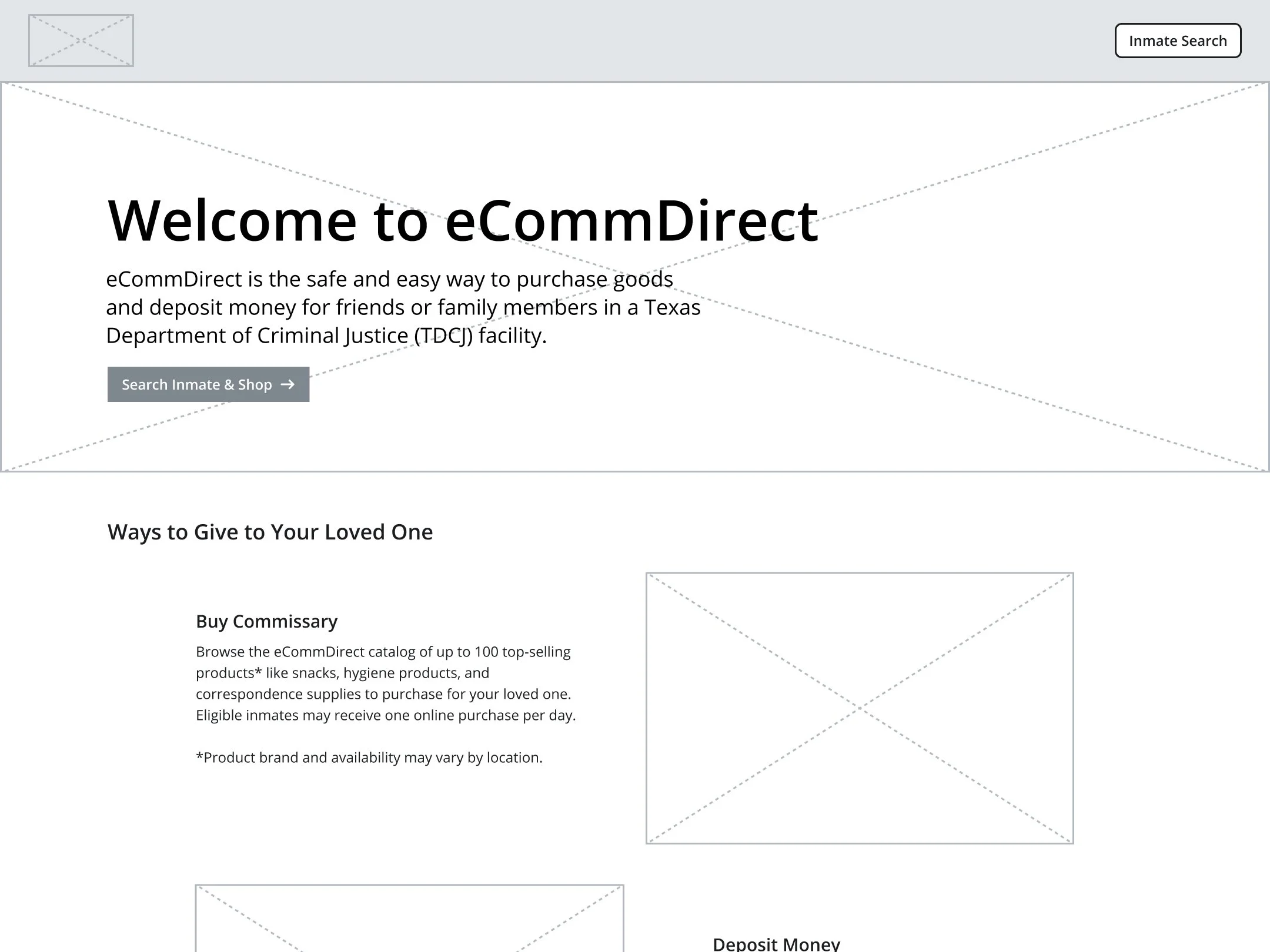 Low-fidelity wireframe of home page with header and some of the body text.