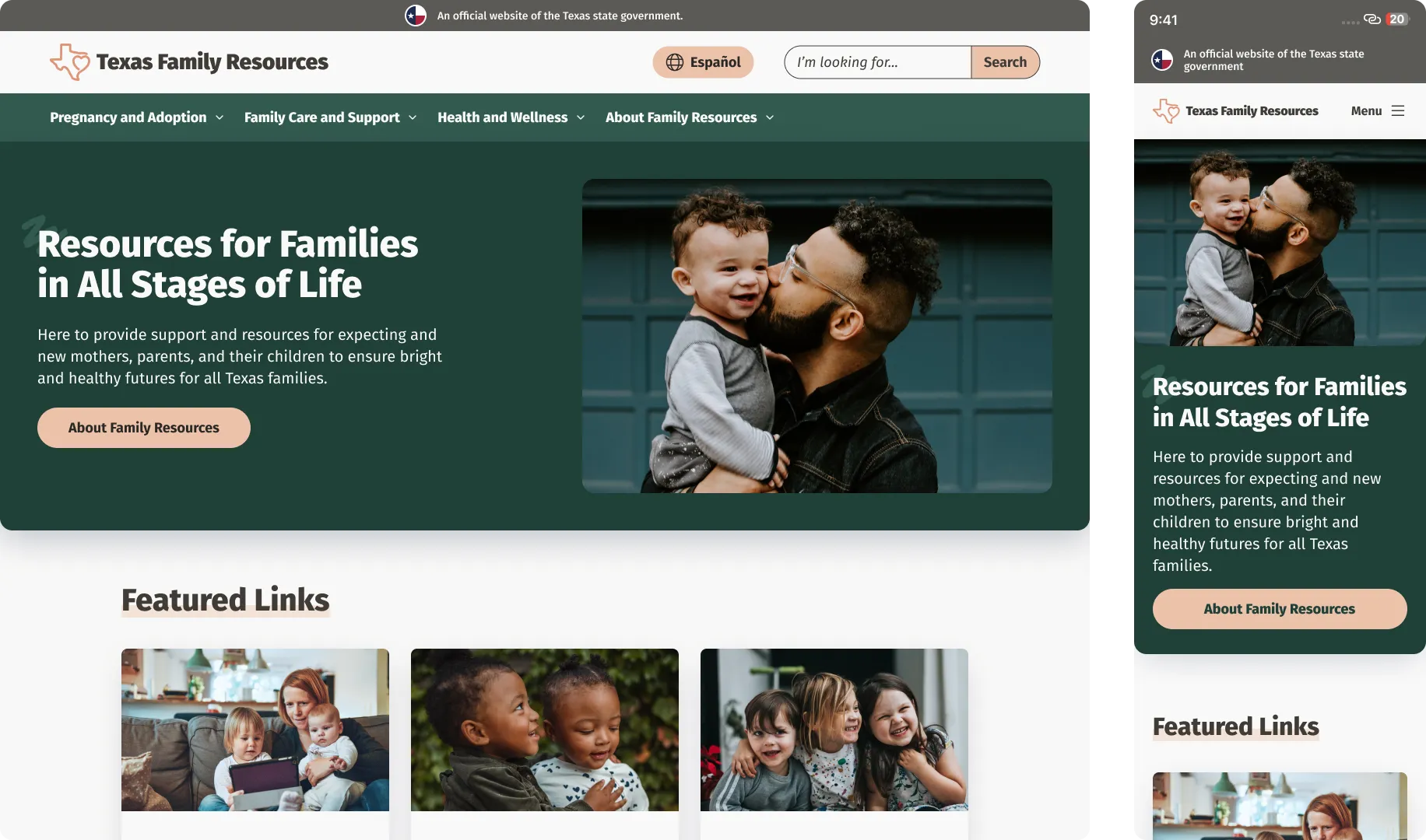 Texas Health and Human Services Family Resources website homepage showing navigation, hero section, and resource cards for families