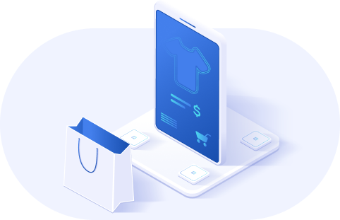 Sad soulless isometrics illustration of a shopping bag next to a mobile device displaying an ecommerce site.