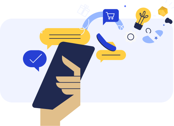 Original friendly illustration of an illustrated hand holding a phone. Chat bubbles, shopping items and other elements fly out, showing how much can be accomplished on a mobile device.