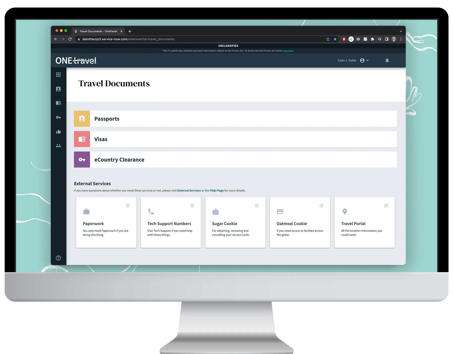 Mockup of the home page in a desktop computer. The app has sections for the differenct travel documents and quick links to other flows.